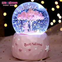 Dream Cherry Blossom Water Crystal Ball Music Box Snowflake Angel Dancing Girl Spin Eight-tone Box Night Light Girl Day Gifts
