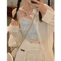 2021 new summer sweet cute Japanese slim thin short section exposed umbilical blue lace camisole womens tide