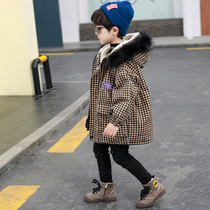 Tide brand children long lattice rabbit hair thickened Pike clothing winter cool boy cotton padded jacket tide