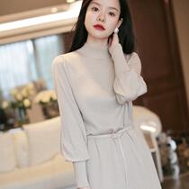French semi-high collar Joker solid color sweater knitted dress women autumn and winter style simple slim wear undercover skirt