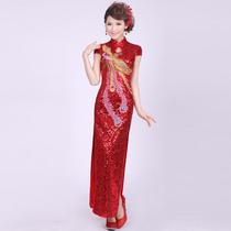 Sequin cheongsam 202020new autumn and winter bride improved wedding toast long phoenix embroidery performance show