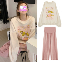 Hong Kong pregnant women comfort set 2021 autumn and winter New cute cartoon style casual sweater corduroy pants two-piece set