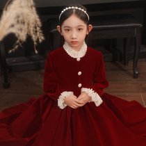 High-end girls dress childrens birthday red princess dress flower girl wedding little girl piano performance Winter