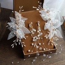 Bridal headdress Sen fairy hair ornaments earrings Korean Juan yarn flowers sweet clip simple and generous wedding jewelry