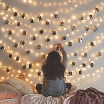ins grid hanging photo wall decoration hemp rope small wooden clip rope led string light Net Red Room creative photo female