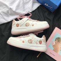 Huili ow joint cherry blossom cartoon strawberry womens shoes plus Velvet White shoes 2021 autumn and winter New peaches cooked board shoes