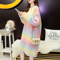 Korean rainbow striped sweater skirt womens long knee 2021 Autumn New lazy loose knit dress