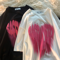 Hong Kong tide brand letter love printing short-sleeved T-shirt mens summer National tide loose crew neck couple top T-shirt tide