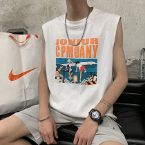 Tide brand printed sleeveless vest mens loose trend ins summer sports Port wind personality hip-hop shoulder T-shirt
