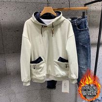 2022 winter trend hooded plus velvet thick casual top mens tide brand stitching contrast color tooling mens top