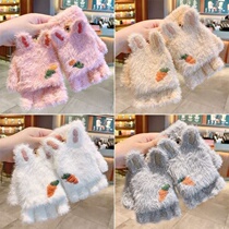 Female baby half wool thread velvet gloves Winter female half finger children cute cycling warm plus velvet thickened winter