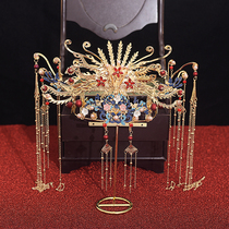 Bride Chinese costume Xiuhe headdress Golden retro tassel wedding phoenix crown classical ancient style wedding accessories