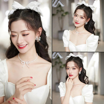 Retro Korean Bride wedding headdress hairclip pearl necklace bow simple neckchain Joker wedding accessories