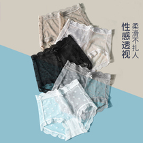 Sexy Lace High Waist Mesh Yarn Briefs Female Summer Thin Ice Silk Transparent Lady No Mark Pure Cotton Crotch Triangle Shorts