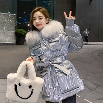 Duck 2021 new winter hooded down jacket womens bright face medium long hair collar white duck down thick coat