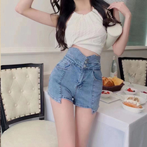 2022 New high waist three-grain buckle denim shorts summer display slim stretch fashion irregular wide-legged hot pants tide