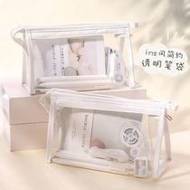 Cartoon transparent pencil case large capacity female solid color simple junior high school students high color value Senior high school college students Japanese makeup bag