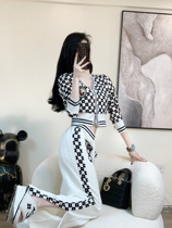 (Original) Little Fragrant Wind Knit Chessboard Lattice Suit Women 2022 Spring New Casual Broadlegged Pants Two Sets