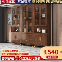 New Chinese solid wood bookcase combined with glass door household wall office shelf storage locker