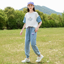 Girl Denim Suit 2022 New Children Summer Clothes Foreign Air 12 Female Great Boy 15 Year Old Summer Short Sleeve Two Sets