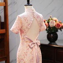 The fan lace bride toast Chinese flaggown 2023 summer new short - sleeved long temperament bridesmaid dress originally