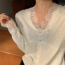 White lace shirt mesh base shirt womens new early autumn with foreign style French shirt autumn 2021