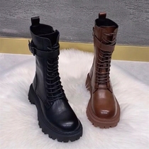 European station Martin boots womens 2022 autumn and winter new British style leather thick-soled motorcycle boots womens casual mid-tube boots