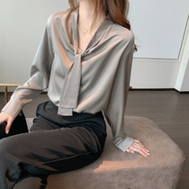 2020 spring and autumn new gray tie chiffon shirt top female design sense niche temperament fashion shirt shirt