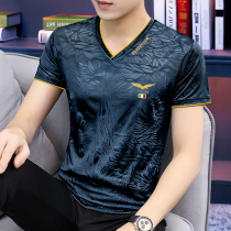 Summer ice wire short sleeve t-shirt men thin cold V-collar half-sleeved black tops faster dry tide