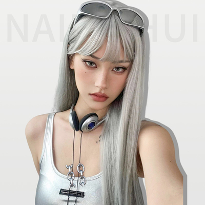 taobao agent Wig female long hair LISA same grandma gray long straight hair air bangs lolita natural simulation full header