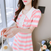 Real shot of new embroidered sweet and beautiful body thin striped short sleeve knit in long style dress 3221 #