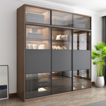 Simple modern Italian light luxury solid wood wardrobe home bedroom glass hanging sliding door panel type Nordic wardrobe