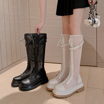 Genuine Leather Mesh Yarn Cool Boots White Thick Bottom Long Silo Boots Woman Summer Thin Knight Boots High Silo Tennis Boots Hollowed-out Long Boots