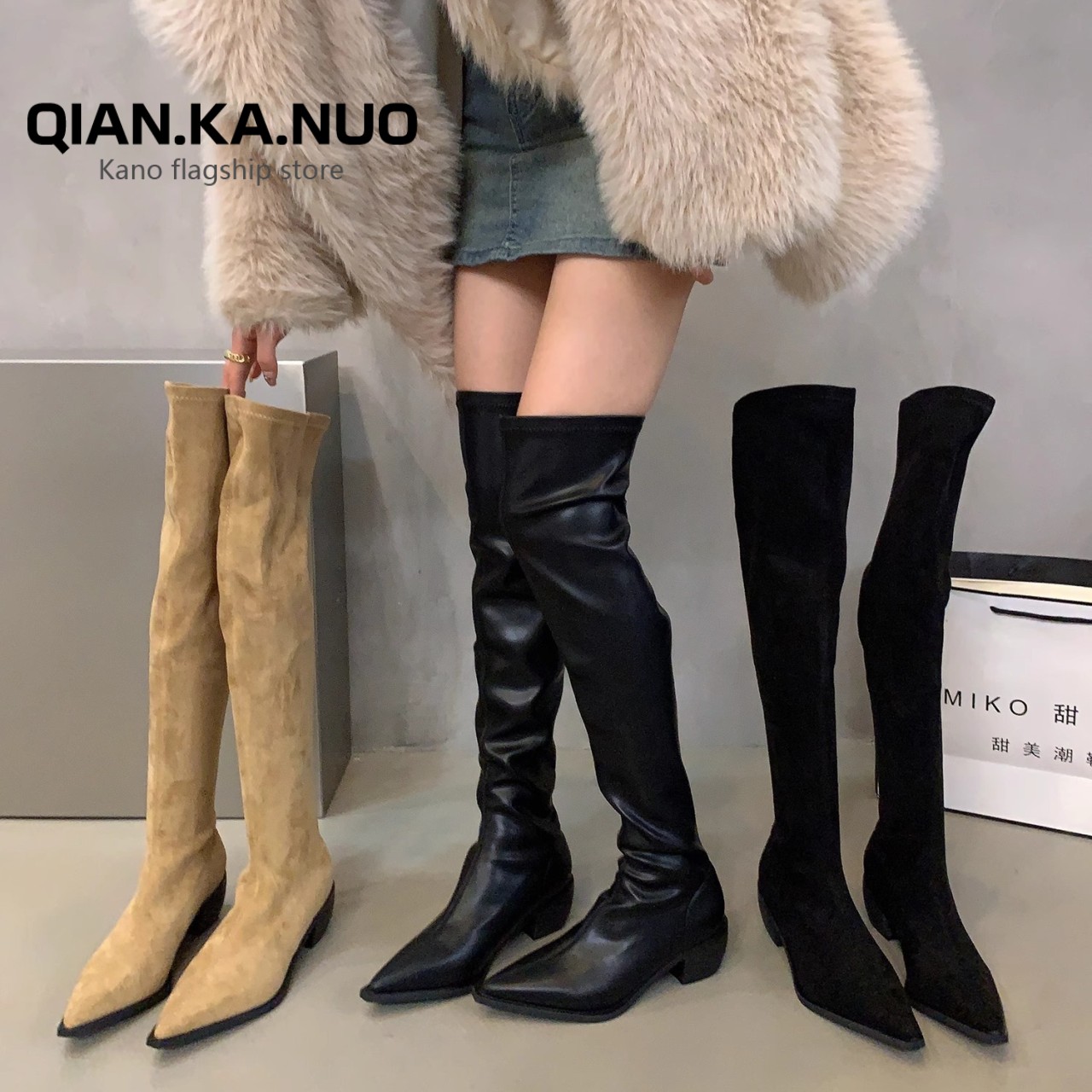 Retro pile knee high boots for women's boots, autumn 2023 new black slim boots, tight high boots