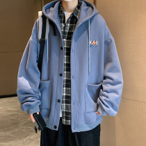 Breasted cardigan hooded sweater mens autumn and winter Korean version of the trend loose casual jacket student Hong Kong style Ruffian handsome coat