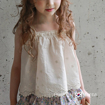 Korean Childrens clothing Girls camisole 21 summer foreign style fashion short lace hollow out doll shirt sleeveless vest top
