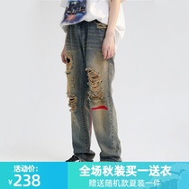 BANDITK GANGN old washed ripped jeans tide brand ins street men and women loose straight casual pants