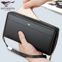 Seven Wolves Wallet mens length Genuine Leather Zipped Leather Wallet for Business Handbags Multi-location Leisure Money clip mens handbags