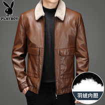 Playboy down liner leather mens autumn and winter Korean version jacket mens middle-aged fur collar thickened casual coat