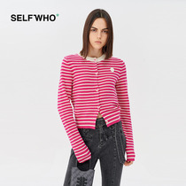Self Who rose red full wool striped round neck knitted bottoming cardigan jacket early autumn chic top women