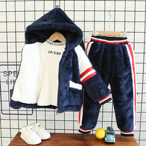 Childrens pajamas winter thickened boys with cotton and velvet baby flannel children coral velvet boys home clothes