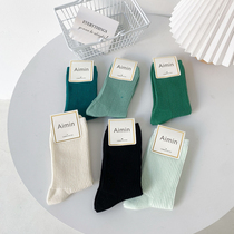 Boomb green stripes solid color simple midsize socks women Korean socks women White socks pile socks tide tide
