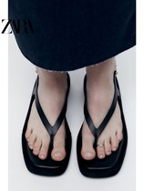ZARA Spring New Woman Shoes Black Waterproof Black Cow Leather Flat Sandals 1602110 800