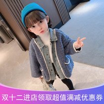 French Jacadi girl 2021 Winter new addition velvet children denim coat Korean version of foreign-style baby lamb hair coat