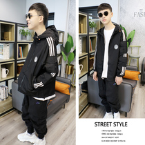  Boys  autumn 2021 new jacket middle and large childrens black hooded windbreaker loose version casual top 21202
