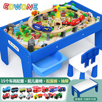 EDWONE wooden electric train toy rail car childrens assembly puzzle rail train game table toy table