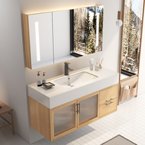 modern minimalist nordic high-end light luxury rock smart bathroom cabinet combination wood color solid oak sink basin