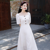 SANDRO VICARI white square collar DRESS 2021 new French sweet retro lantern sleeve FAIRY DRESS