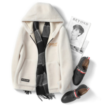 Winter Haining sheep shearling coat short hooded wool grain coat mens fur one lamb velvet fur tide