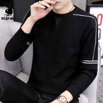 Playboy sweater mens autumn and winter velvet thickened trend line loose winter black base sweater men